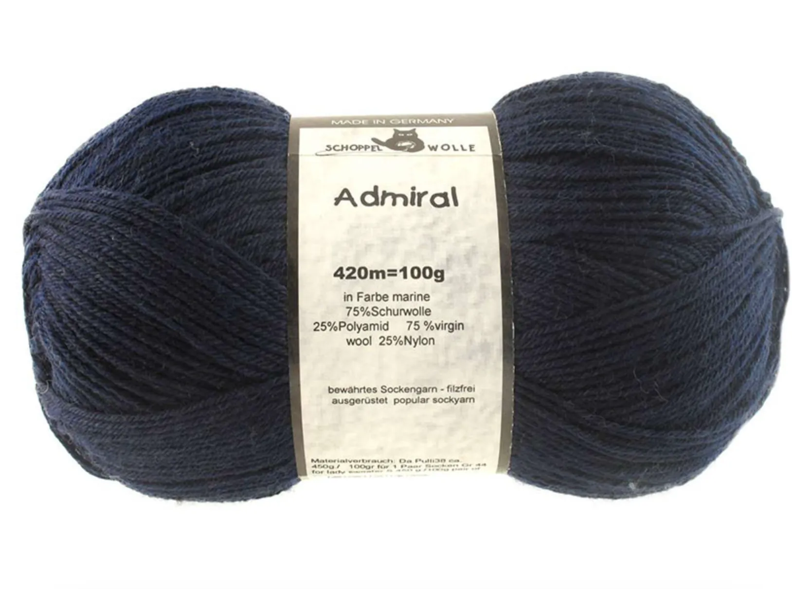 Schoppel Admiral 75% Virgin Wool, 25% Nylon (biodegradable)